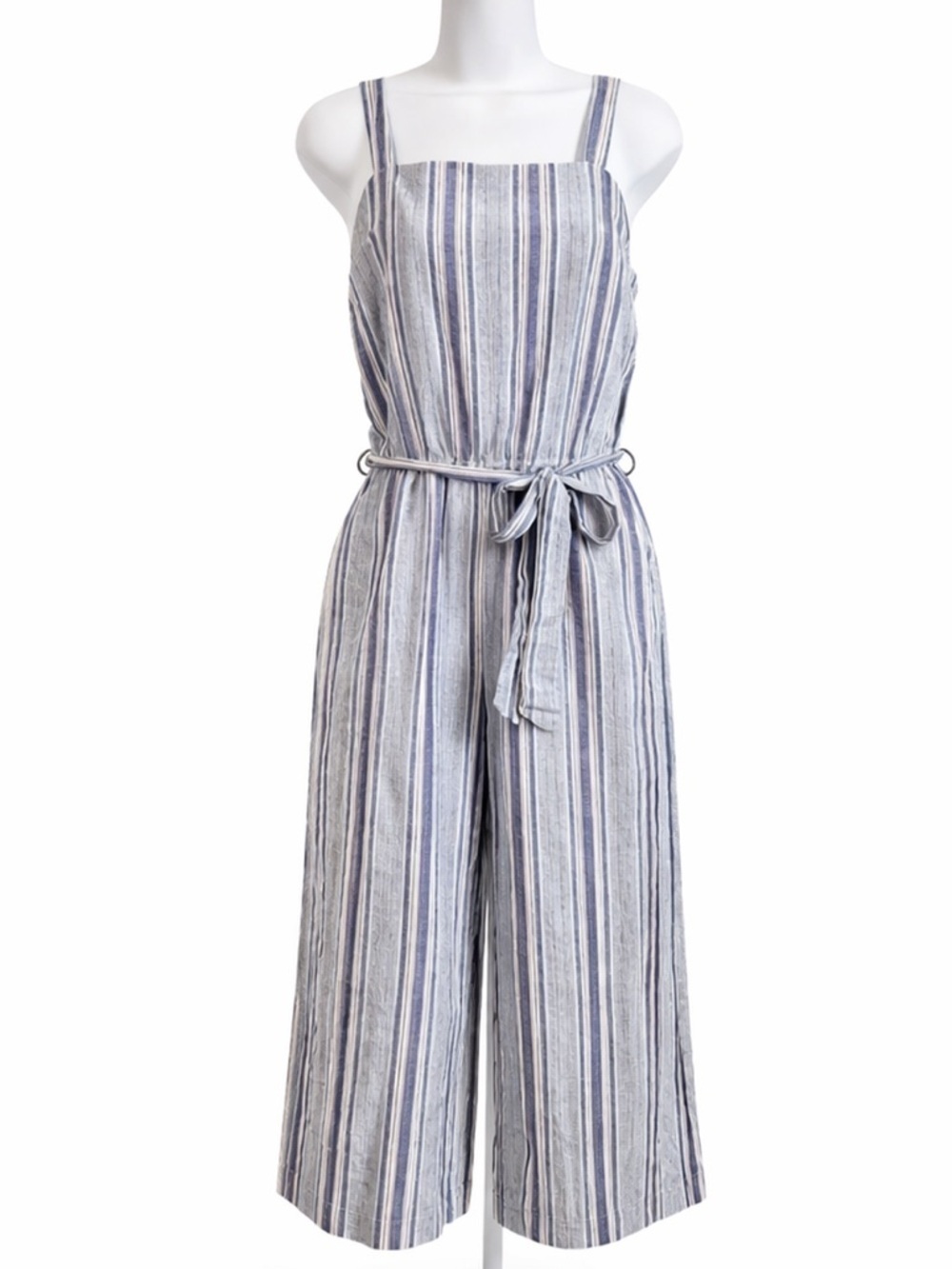 Purple Snow Blue Striped Jumpsuit Women’s XL Sleeveless Belt Wide Cropped Leg